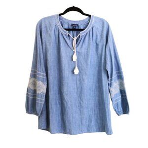 J. Jill Denim Blouse With Embroidered Sleeves And Tousles Chambray Size L